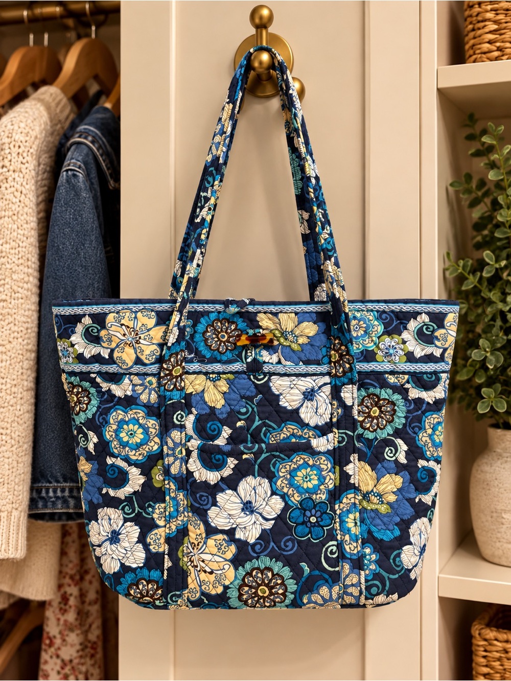 Large Vera Bradley Navy Blue Quilted Floral Tote with Teal & Yellow Accents